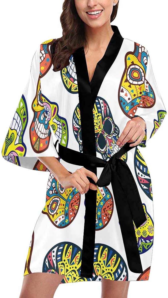 Custom Sugar Skull Pattern Women Kimono Robes