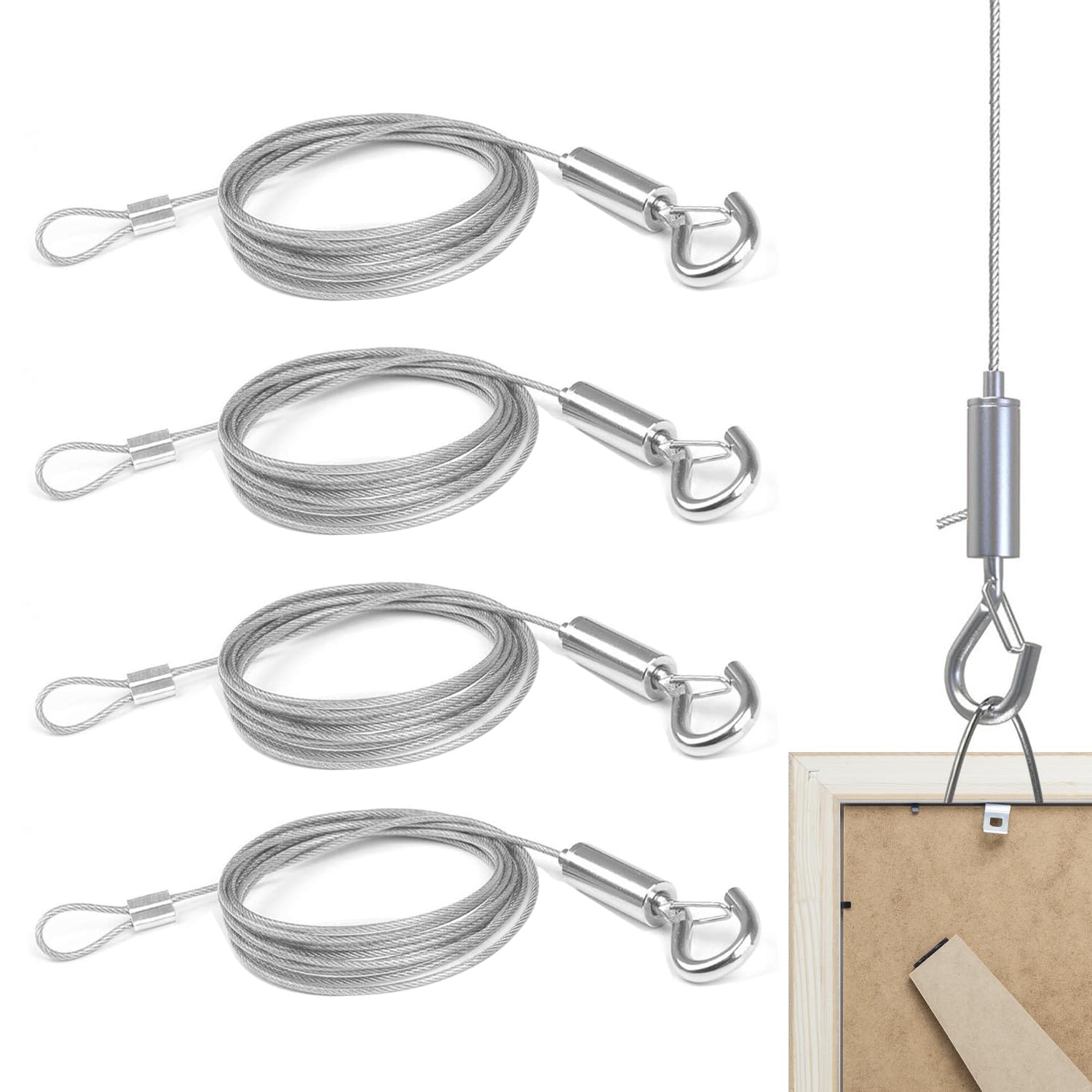 Verazquy 4 Pcs Picture Hanging Wire, Adjustable Hooks Mount Picture Wire Both Ends Wire Heavy Duty Hanging Wire System Kit for Hang Picture Hook Photo Holder Flowerpot Picture Mirror Curtain