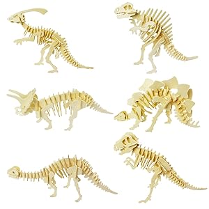 calary 3D Wooden Puzzle Simulation Animal Dinosaur Assembly DIY Model Toy for Kids and Adults,Set of 6