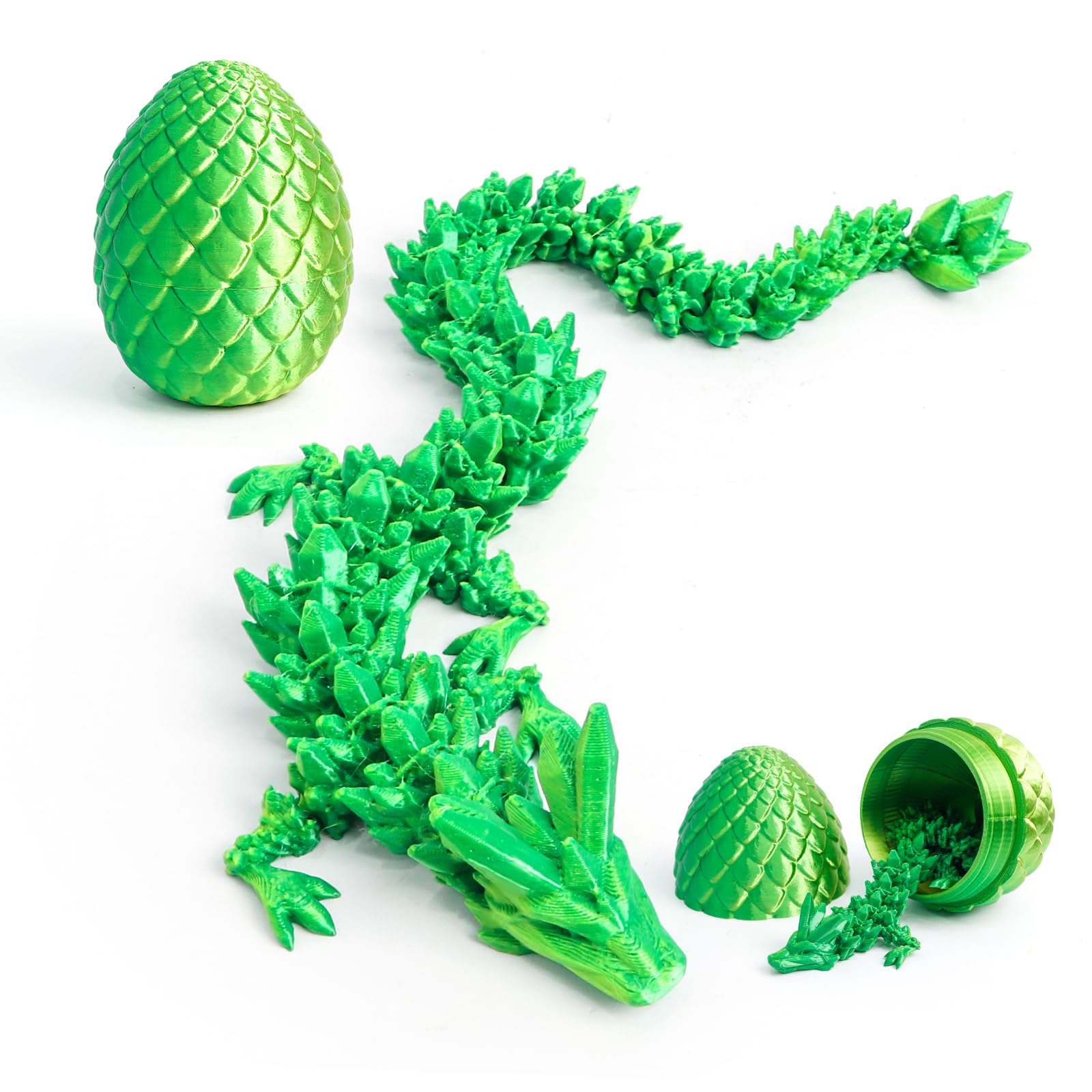 Flavery 3D Printed Egg with 12" Flexible Pearly Sheen Dragon Inside, 3D Printed Surprise Gift, Articulated Dragon Egg Fidget Toy, Decor (Gold Mix Green)