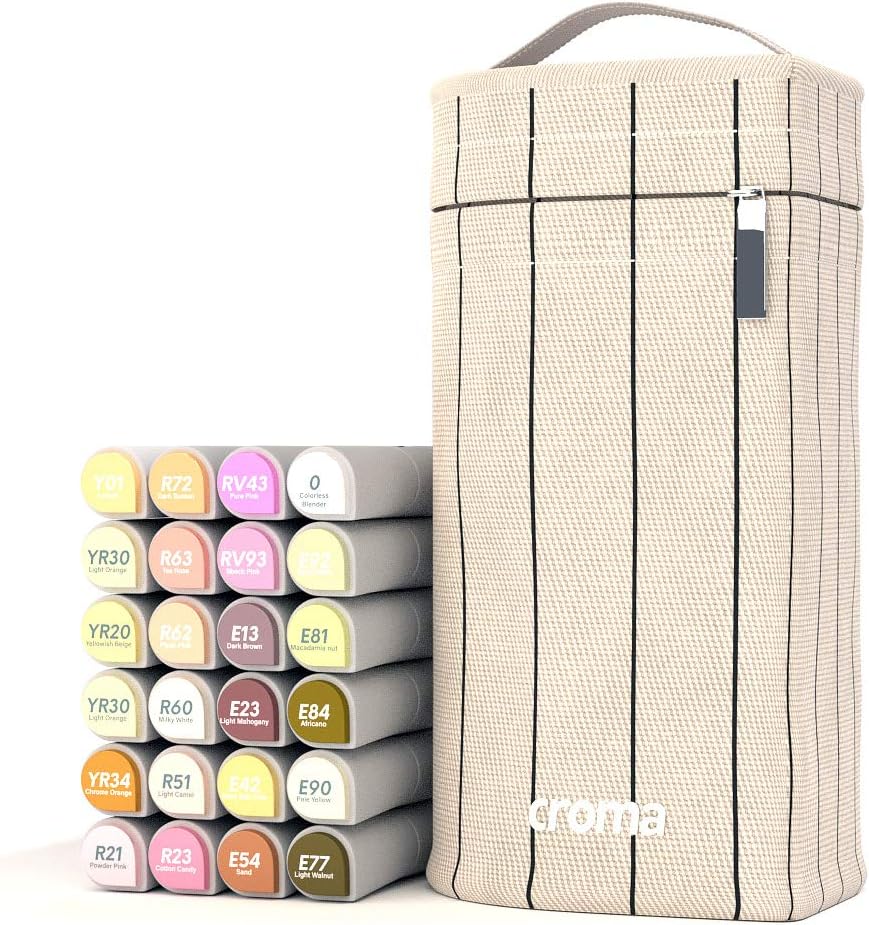 Croma Lite Brush Dual Tip Alcohol Based Sketch Markers,24 Skin/Gray/Basics Set, for Coloring Manga, Comic, Illustrations, Art, Industrial Design, Artists, with Cotton Canvas Bag (Skin)