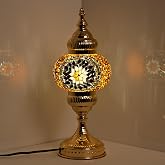 GOGERS Turkish Mosaic Table Lamp, Amber Glass Bedside Lamp with Gold Metal Base, E12 LED Bulb Included, Warm Ambient Decorative Lamp for Bedroom, Living Room, Nightstand, Home Decor Gift (Brown)