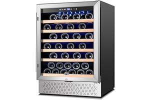 Tylza 24 Inch Wine Cooler Refrigerator 51 Bottle Built-in or Freestanding 24'' Fridge with Stainless Steel & Double Layer Tempered Glass Door and Temperature Memory Function