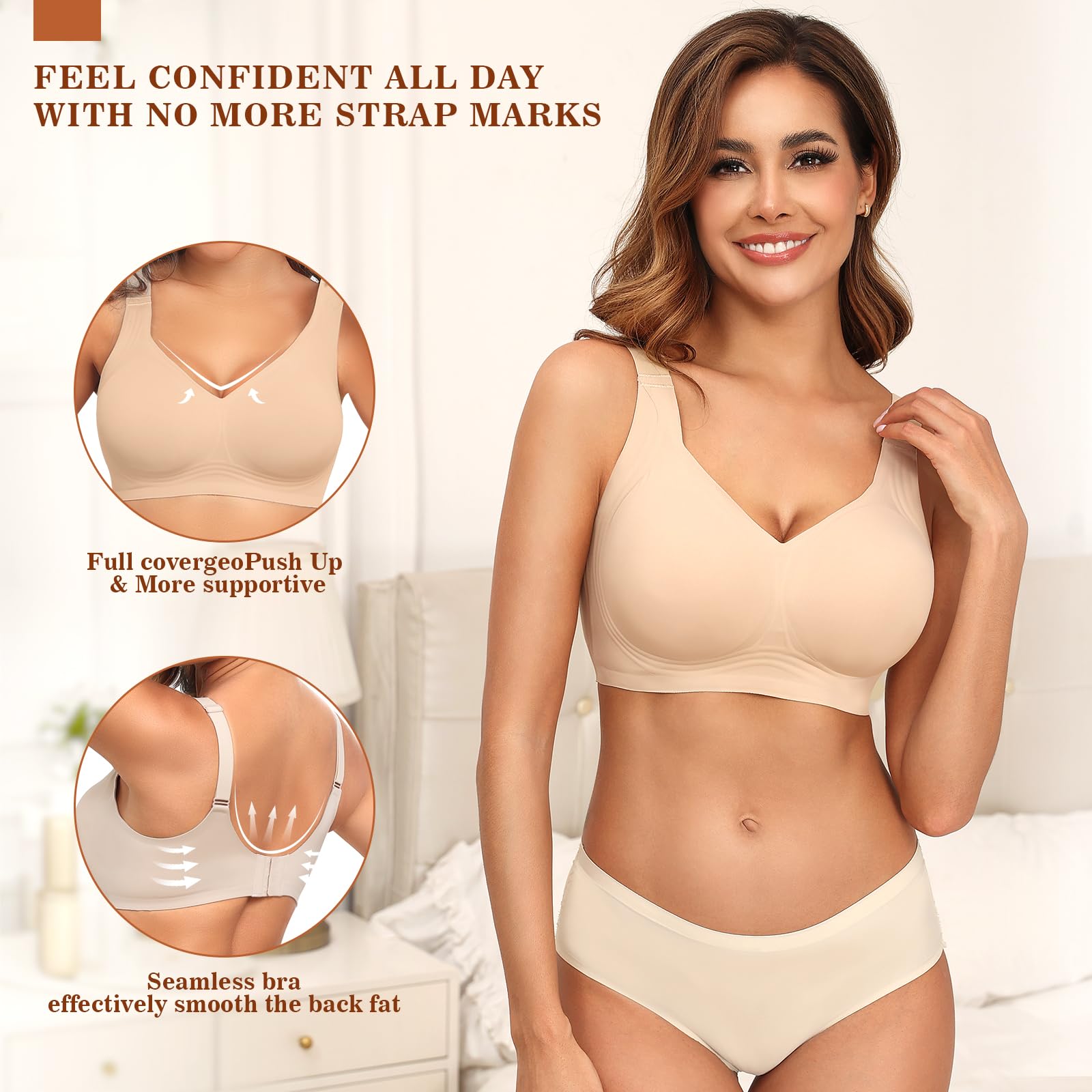 PoseFree Womens Seamless Wireless Supportive Bra Push Up Comfort Soft No Underwire Full Coverage T-Shirt Bra