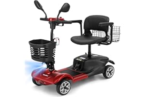 WheelWavi 4 Wheel Compact Mobility Scooter for Seniors and Adults,Foldable Electric Scooter, Heavy Duty Travel Model with Lights, Basket, and Long-Lasting Battery (Red)