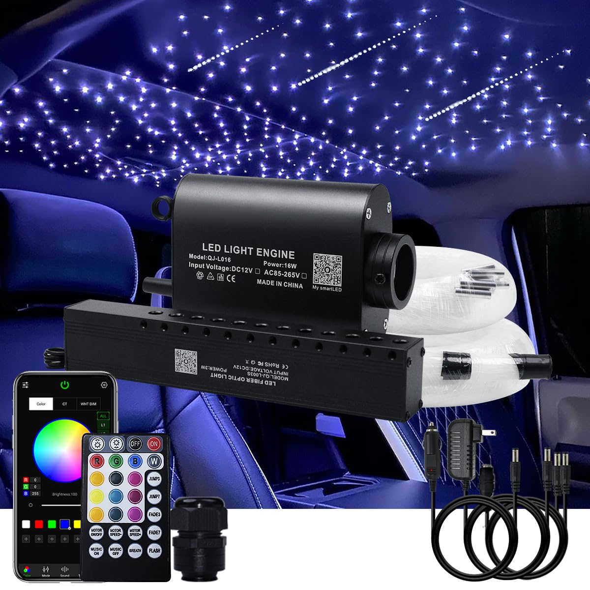 Photo 1 of AKEPO 16W Car Home RGBW APP + Music Control + Shooting Star Fiber Optic Lights Star Ceiling Light Kit, Fiber Cable 550pcs 0.75mm 13.1ft/4m + 28key Musical Remote