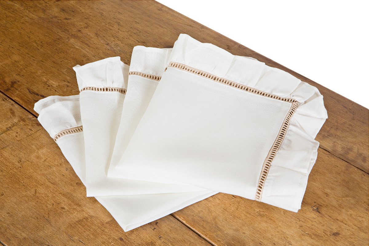 Xia Home Fashions Hemstitch/Ruffle Trim Natural Napkin, 20 by 20-Inch, White, Set of 4
