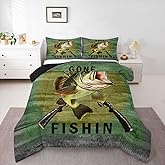 Feelyou Big Pike Fish Comforter Set Hunting and Fishing Pattern Bedding Set for Kids Boys Children Green Vintage Wooden Print Comforter Soft Decor Underwater Animals Theme Quilt Set Twin Size