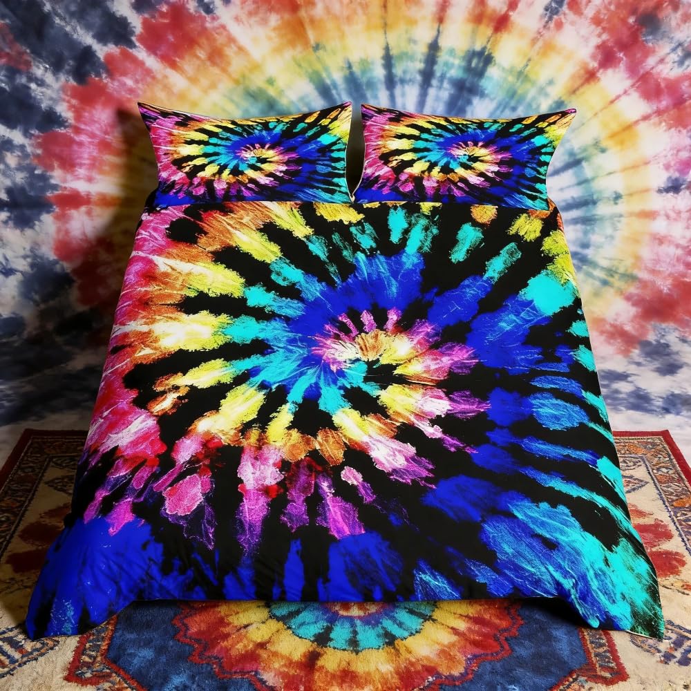 Loussiesd Tie Dye Bedding Single Boho Exotic Tribe Style Boys Girls Duvet Cover Chic Hippie Theme Comforter Cover Set With Zipper Ties Tie Dye Decor For Adult Women Soft Microfiber