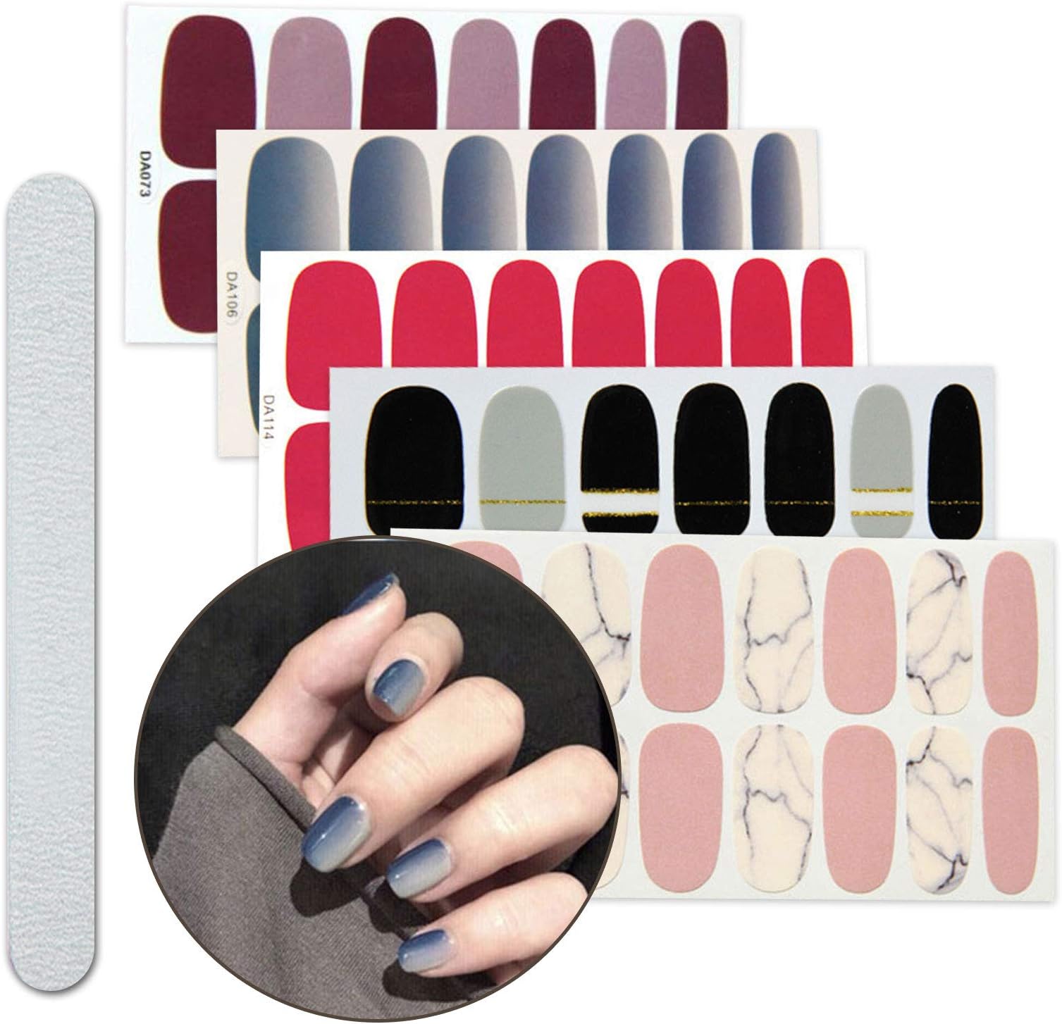 5 Sheet Different Full Nail Art Polish Stickers Strips Self-Ashesive False Nail Design Manicure Set With 1Pc Nail Buffers Files