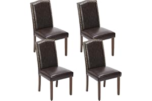 Sweetcrispy Dining Chairs Set of 4, Upholstered Leather Kitchen Room Chairs Mid Century Modern High-End Dining Room Side Chairs with Nailhead Trim and Wood Legs for Bedroom, Living Room, Brown