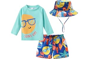 CHILDLIKE ME Toddlers Baby Boys' 3-Piece Swimsuit Trunk Rashguard Set and Sun Hat Swimwear Bathing Suit UPF 50+