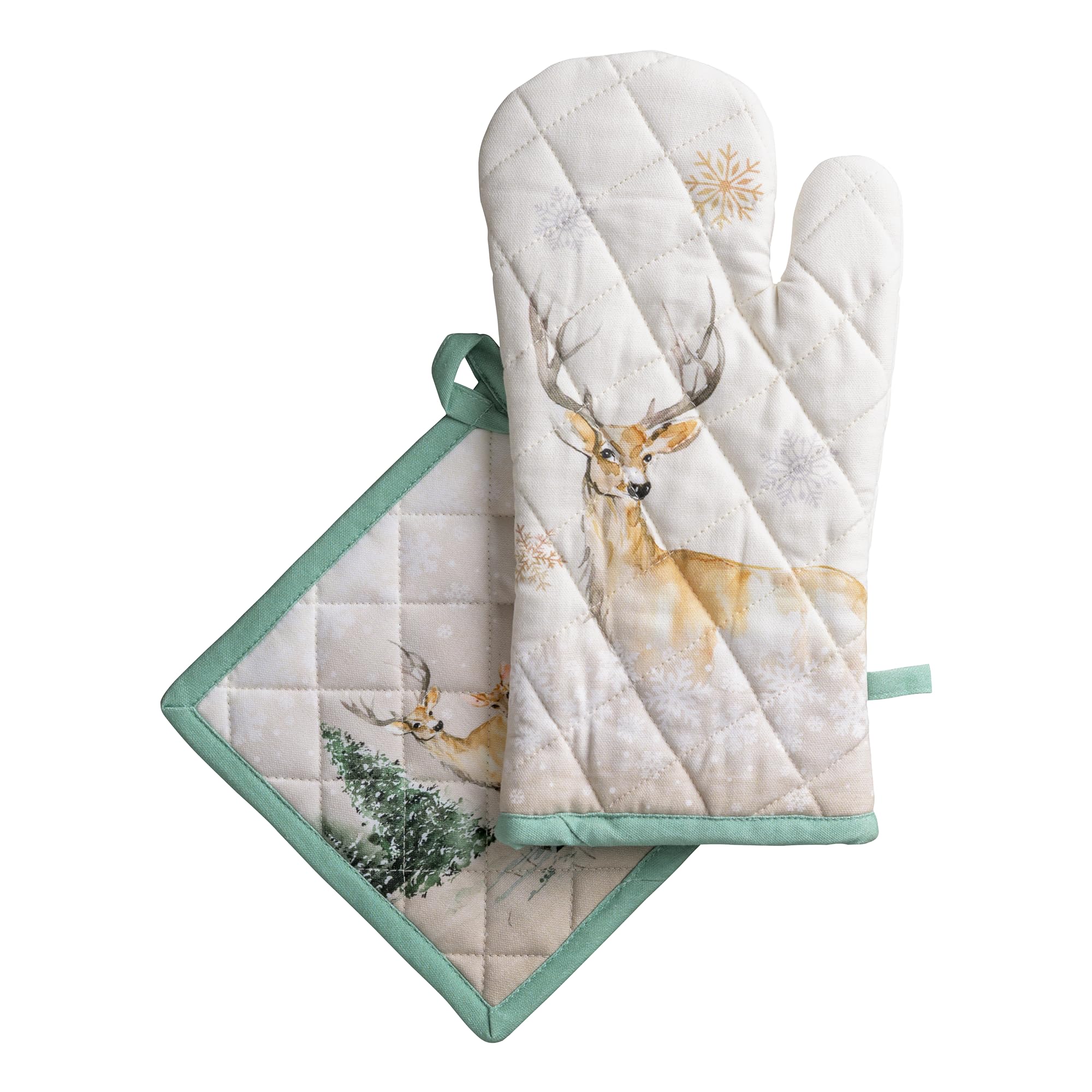 Maison d' Hermine 100% Cotton Oven Mitt & Pot Holder Set (19 x 33 cm & 20 x 20 cm) Heat Resistant BBQ Cooking Gloves with Loop for Christmas Decorations Baking Handling Hot Pans (Deer in The Woods)