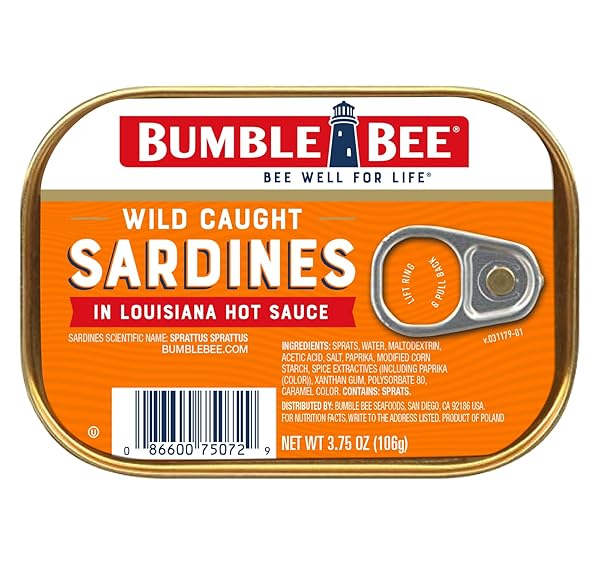 BUMBLE BEE SARDINES IN LOUISIANA HOT SAUCE, 3.75 OZ TIN – WILD CAUGHT, GLUTEN FREE, KETO, KOSHER