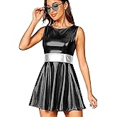 techcity Women's Metallic Shiny Dress Sparkle Flared Pleated Mini Dress with Glasses Club Party Disco Dance Costume