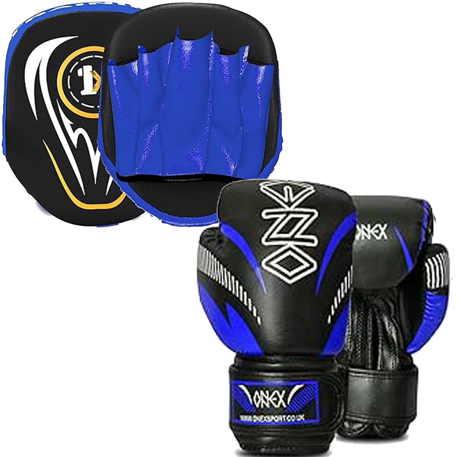 1x Boxing Gloves And Pads Set Focus Punching MMA Boxing Set Sparring Hook And Jab Strike Pad Kickboxing Target Training Set For Boys & Girls (BLUE/BLACK)