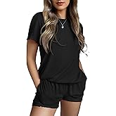 Ekouaer Womens Pajamas 2 Piece Ribbed Knit Pjs Colorful Pattern Sleep Set Short Sleeve Pajamas Set Casual Lounge Sets