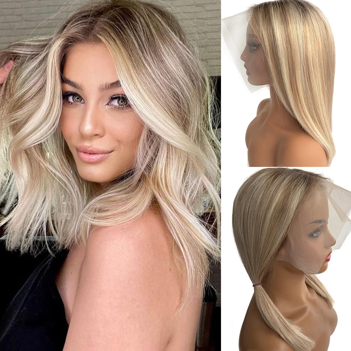 Photo 1 of Ash Blonde Human hair Bob Wigs 13x4 Glueless Ombre Highlight Wig 12 Inch Pre Plucked with Baby Hair 613 Blonde Balayage 180% Density HD Transparent Lace Front Wig for White Women
