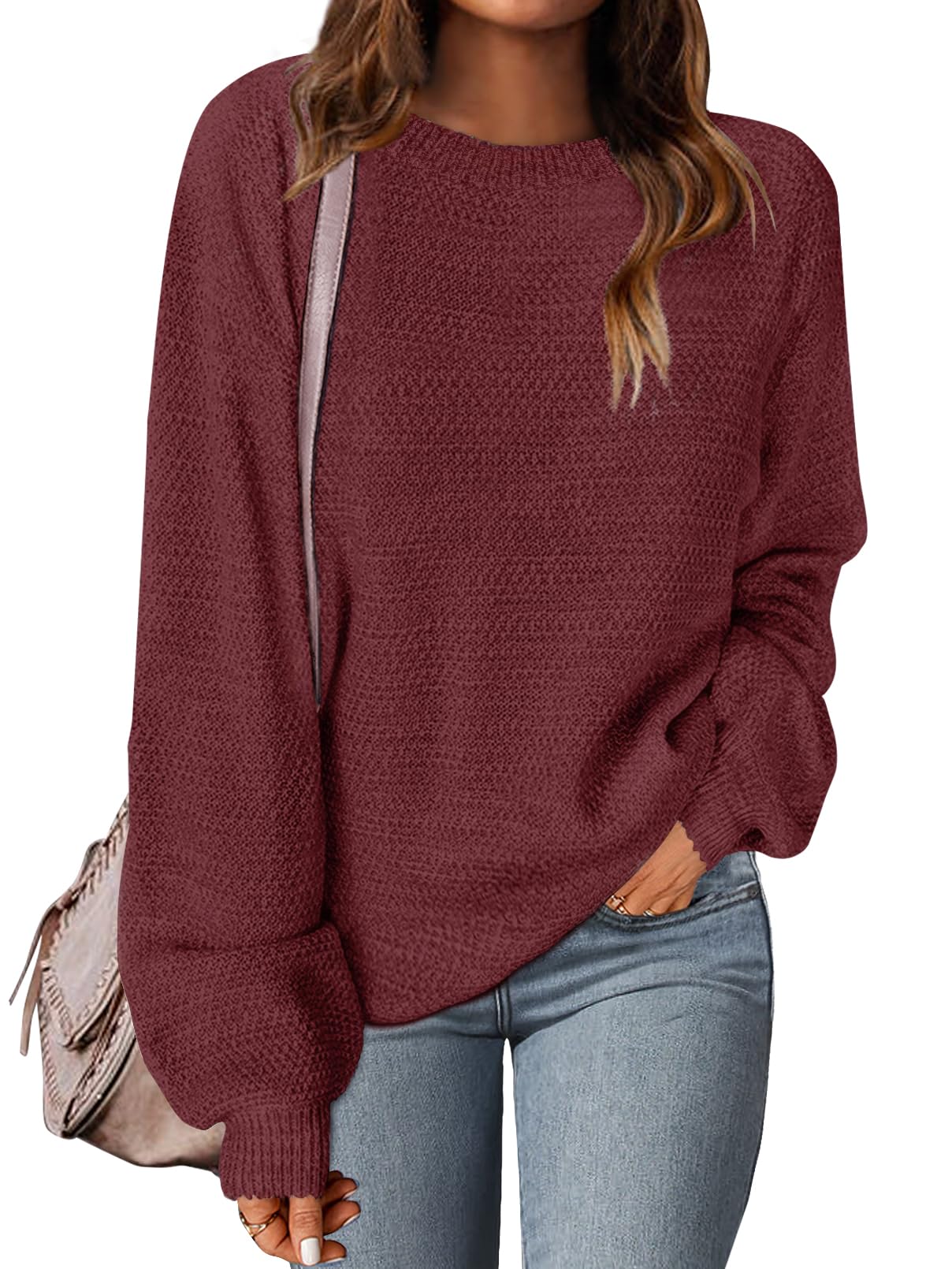 MEROKEETY Sweaters for Women Fall Winter 2026 Oversized Pullover Spring Crew Neck Long Sleeve Heathered Knit Tops, Burgundy, Small Image