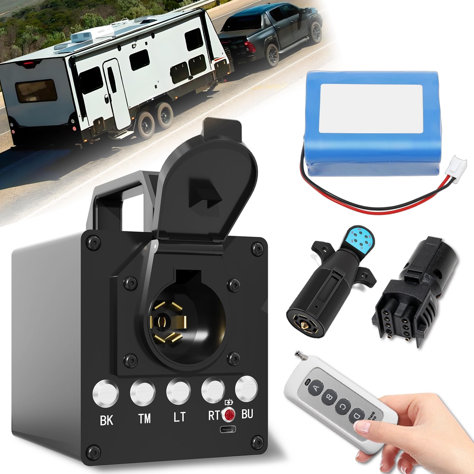 Photo 1 of Portable Trailer Light Tester Box, Wireless Remote Control Operation, with 12V 10Ah Battery and 7 Pin Trailer Plug, 7-Way Flat (spade) 3/4/5-Flat Pin Type, Testing Most Trailer Taillights (Black)