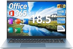Naclud Laptop, 18.5 Inch Laptops with 16GB RAM 1024GB SSD Ordinateur Portable, 1 Year Office 365, Celeron Quad-Core, Windows 