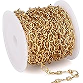 16.5 FT 18K Gold PVD Plated Oval Cable Chains Roll, 6.5mm 304 Stainless Steel Gold Textured Flat Cable Link Chain Bulk Spool for Jewelry Making DIY Craft