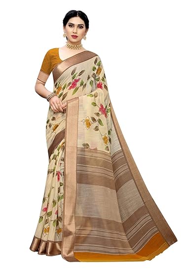 Women's Brown Color Satin Patta Flower Printed Saree With Blouse Piece (MANIYTA BROWN_Free Size)