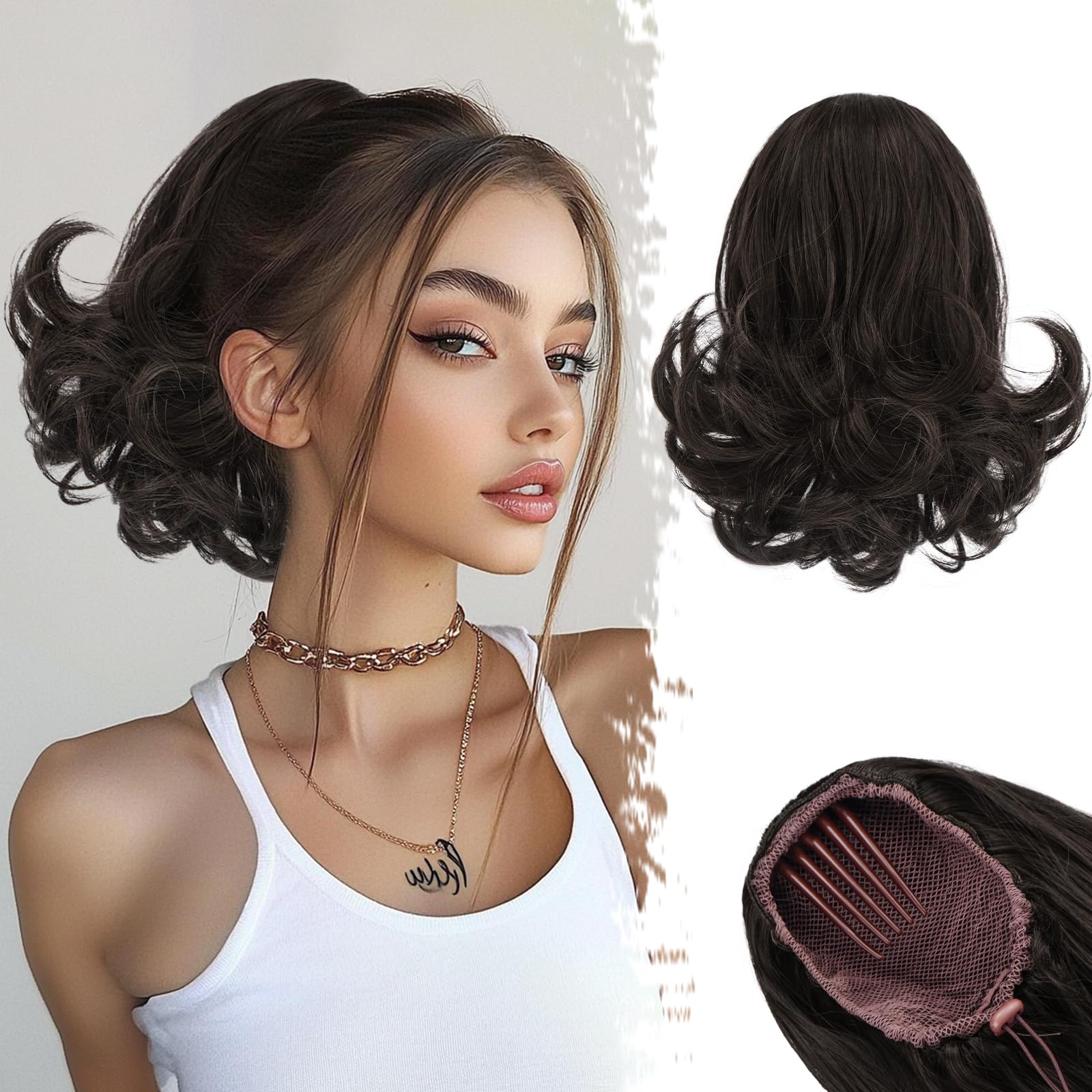 BARSDAR Dark Brown Ponytail Extension, 10 Inch Short Wavy Drawstring Ponytail Hair Extensions for Women Synthetic Comb Clip in Ponytail Hairpieces Fake Pony Tails - Dark Brown