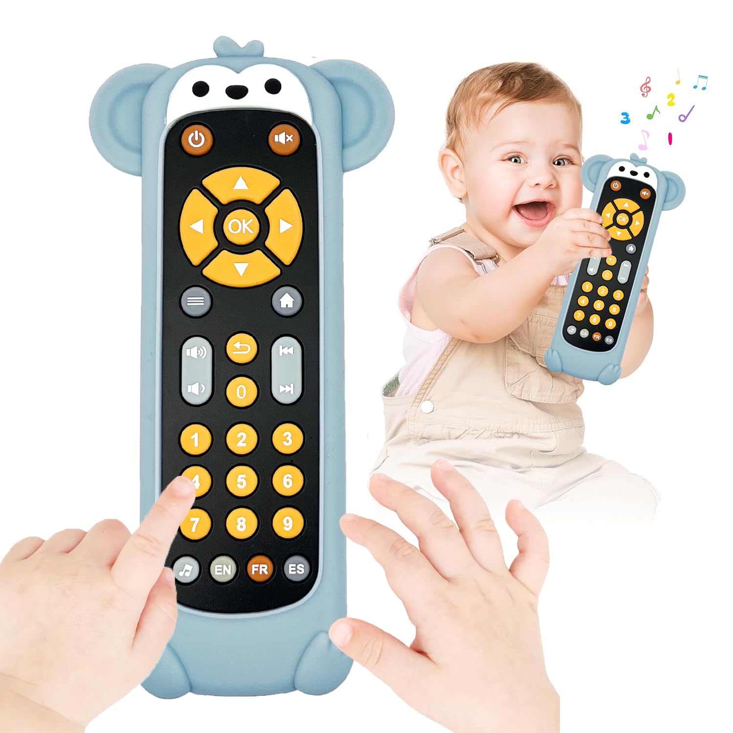 HAHAKIDZ Realistic Baby Infant Silicon Tv Remote Control Toy with Music and Light for Toddlers with Teeth Cover, Early Education with Numbers and Multi Languages for Boys and Girls (Monkey)