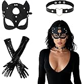 Black Cat Costume for Women Faux Leather Mask Choker Necklace Gloves Halloween Party Masquerade Cosplay Accessories 3PCS