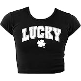 Lucky Collegiate Clover Baby Tee | Premium Cap Sleeve Baby Rib Crop Top Shirt for Women