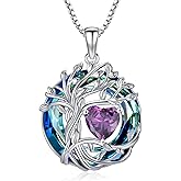 TOUPOP Tree of Life Birthstone Necklace 925 Sterling Silver Pendant Austrian Crystal Jewelry Anniversary Valentine's Day Birthday Gifts for Women Mom Her Wife