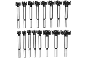 Meichoon Forstner Drill Bit Set 15-35mm 16 Pcs, Carbide Forstner Bits High Speed Steel Wood Tool Punching Bit Wood Slabs Flat Wing Drilling Hole Hinge Cemented Carbide Drilling Counterbore DC01