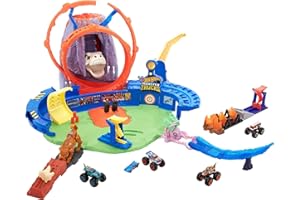 Hot Wheels Monster Trucks T-Rex Volcano Playset with 1:64 Scale Race Ace Toy Truck & 1 Toy Car, Track Set with Dinosaur Nemesis