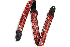 1 1/2 inch Wide Kids Guitar Strap Printed With Skull and Cross Bones Design And Black Garment Leather Ends. Black Plastic Sli