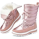 Snow Boots for Women Fur Winter Boots Waterproof Ski Boots Women's Mid Calf Boots Furry White Lace up Boots with Zipper