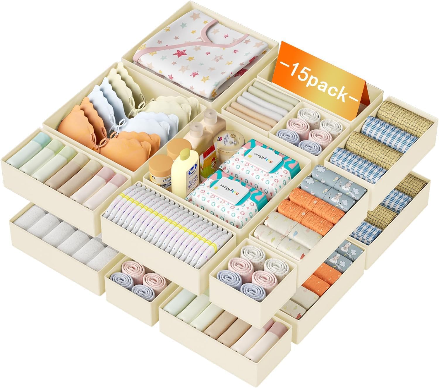 DIMJ 15Pack Drawer Organiser for Clothes - Foldable Wardrobe Storage Organiser for Clothes, Underwear, Socks, Bra, Jeans,Makeup, and Accessories-Non-Woven Fabric Drawer Dividers Set, Beige