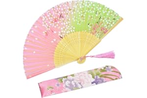 OMyTea® Hand Held Silk Folding Fans with Bamboo Frame - with a Fabric Sleeve for Protection for Gifts - 100% Handmade Oriental Chinese/Japanese Vintage Retro Style (WZS-45)