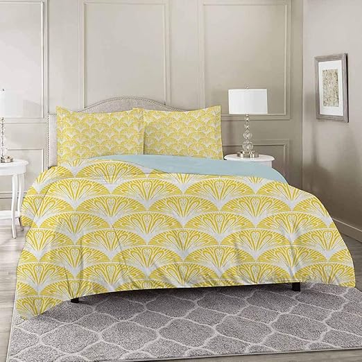 Amazon Com Yellow And White Bedding Duvet Cover Sets California King Rounded Floral Motifs Overlapping Pattern 20s 30s Bohemian Simple Super Soft Microfiber 3 Piece Duvet Cover Set Includes 2 Pillow Shams Home