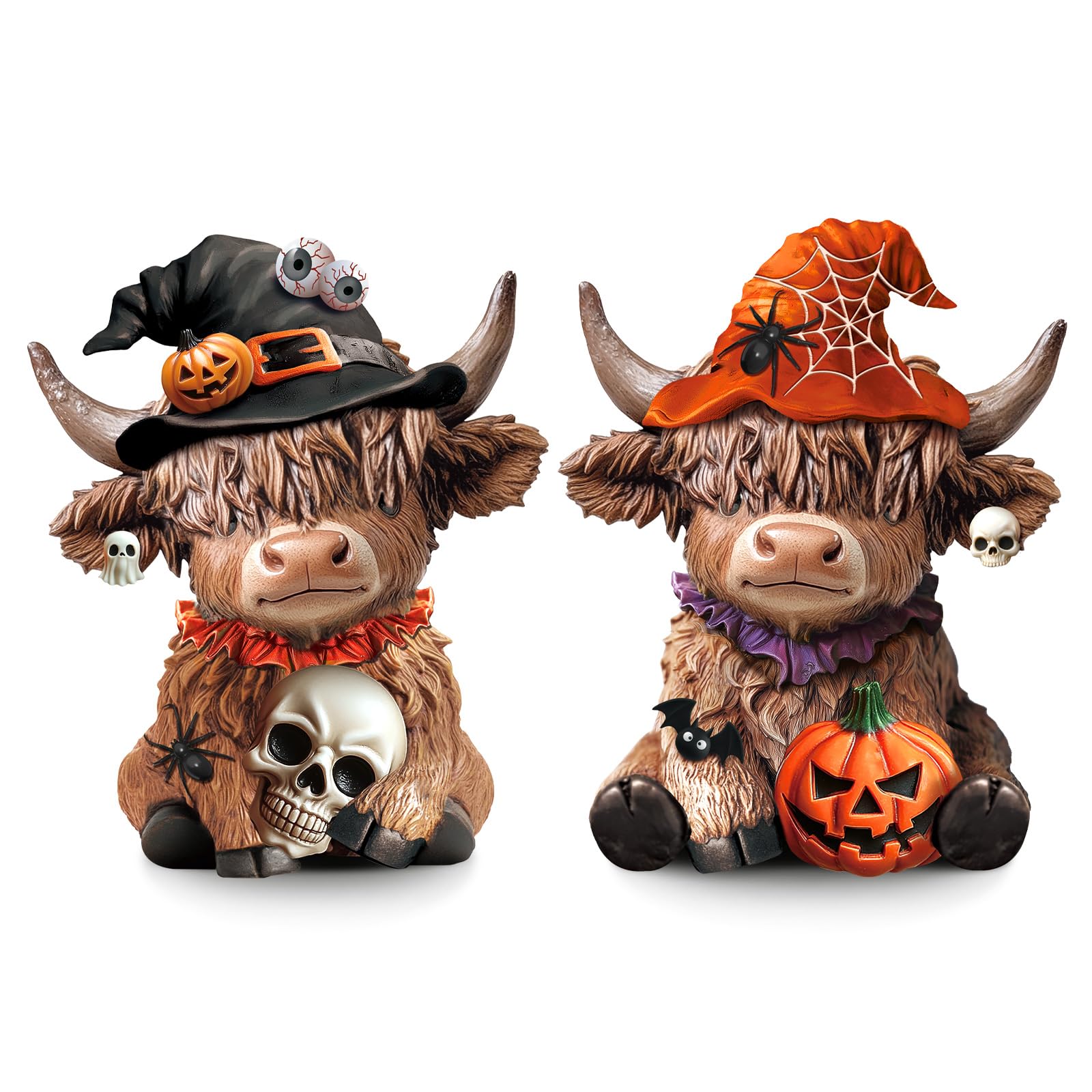 Photo 1 of Karenhi 2 Pcs Highland Cow Figurines Halloween Pumpkin Skull Spider Highland Cow Gnomes Scottish Resin Statue Calf Lovers Gifts for Halloween Home Garden Kitchen Office Tiered Tray Table Decor