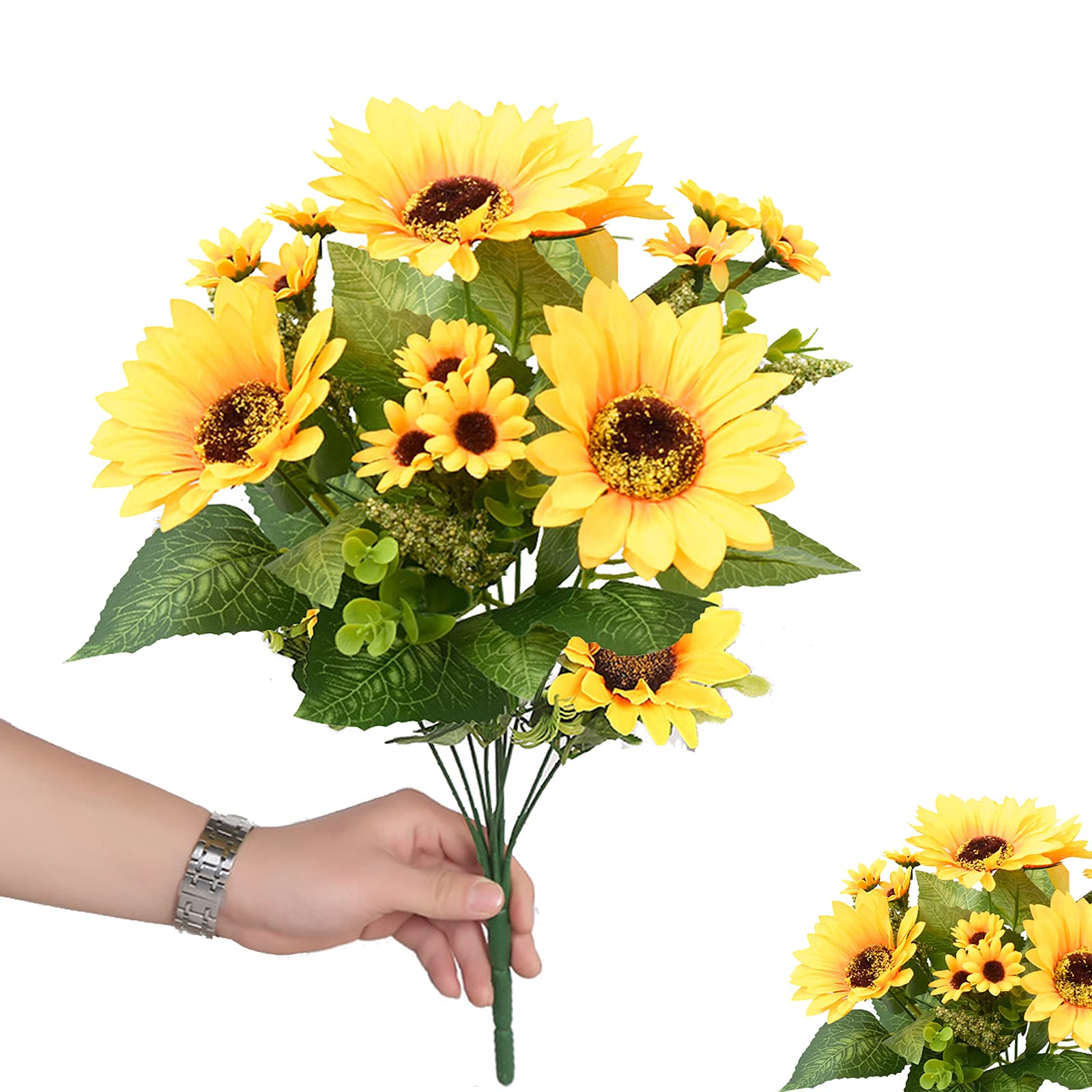 YELYAN 2 Bunches Artificial Sunflower Bouquet, Fake Silk Sunflower Flowers, Realistic Plants for Wedding Party Anniversary Home Office Table Centerpiece Décor(short)