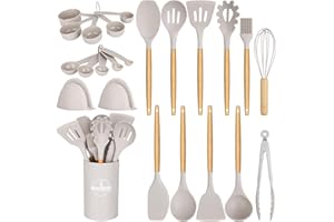 HOENART 24 Pcs Kitchen Cooking Utensils Set,446°F Heat Resistant Non-Stick Silicone Kitchen Utensil Set With Wooden Handles and Holder,Kitchen Gadgets for Cookware,Kitchen Accessories,Khaki