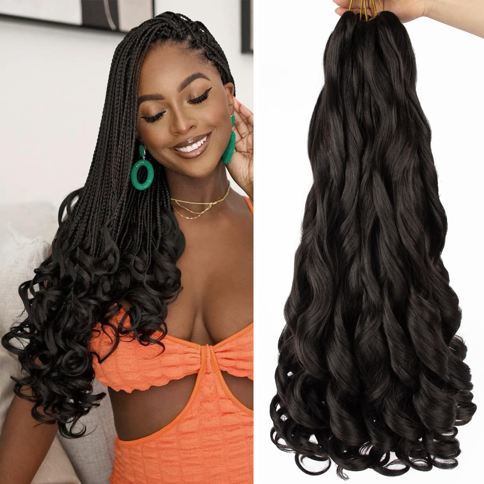 French Curl Braiding Hair 24 Inch 8 Packs French Curl Braids Crochet Hair Extensions (24 inch 1B) — image 1