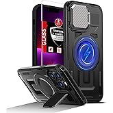 FRLMOOES for iPhone 13 Pro Max Case Compatible with MagSafe Magnetic Wireless Charging,Built-in Camera Cover Kickstand,with 2 Screen Protectors,Shockproof Scratch Resistant Heavy Duty Protection Black