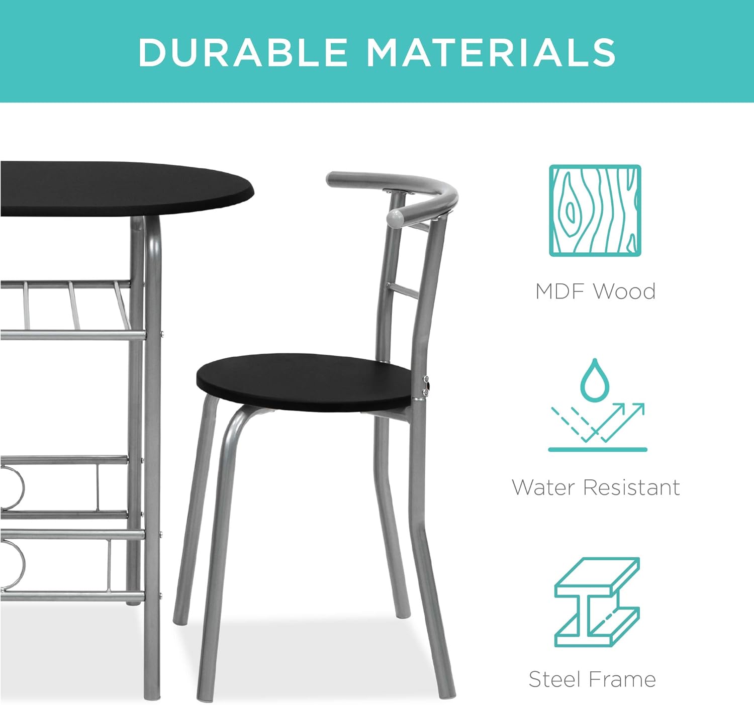 Best Choice Products 3-Piece Wooden Round Table & Chair Set for Kitchen, Dining Room, Compact Space w/Steel Frame, Built-in Wine Rack - Black/Silver: Furniture & Decor