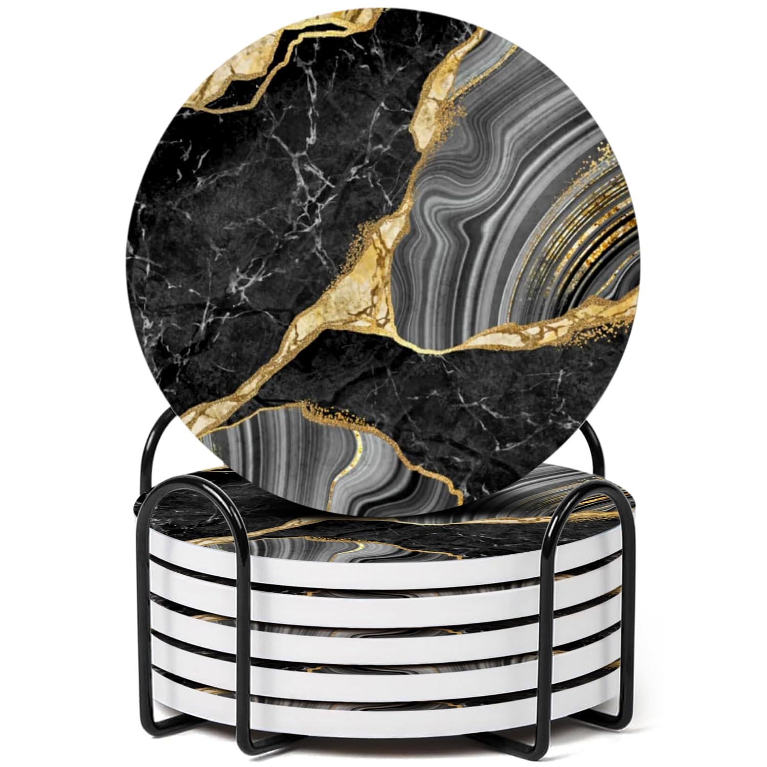 GRISHA Coasters Set of 6 - Homeware Marble design Coasters Ceramic - Coasters with Holder and Cork Base,Home accessories,Coaster(Drinks) cup and Table decor,10cm 4inch. (Delux Black)