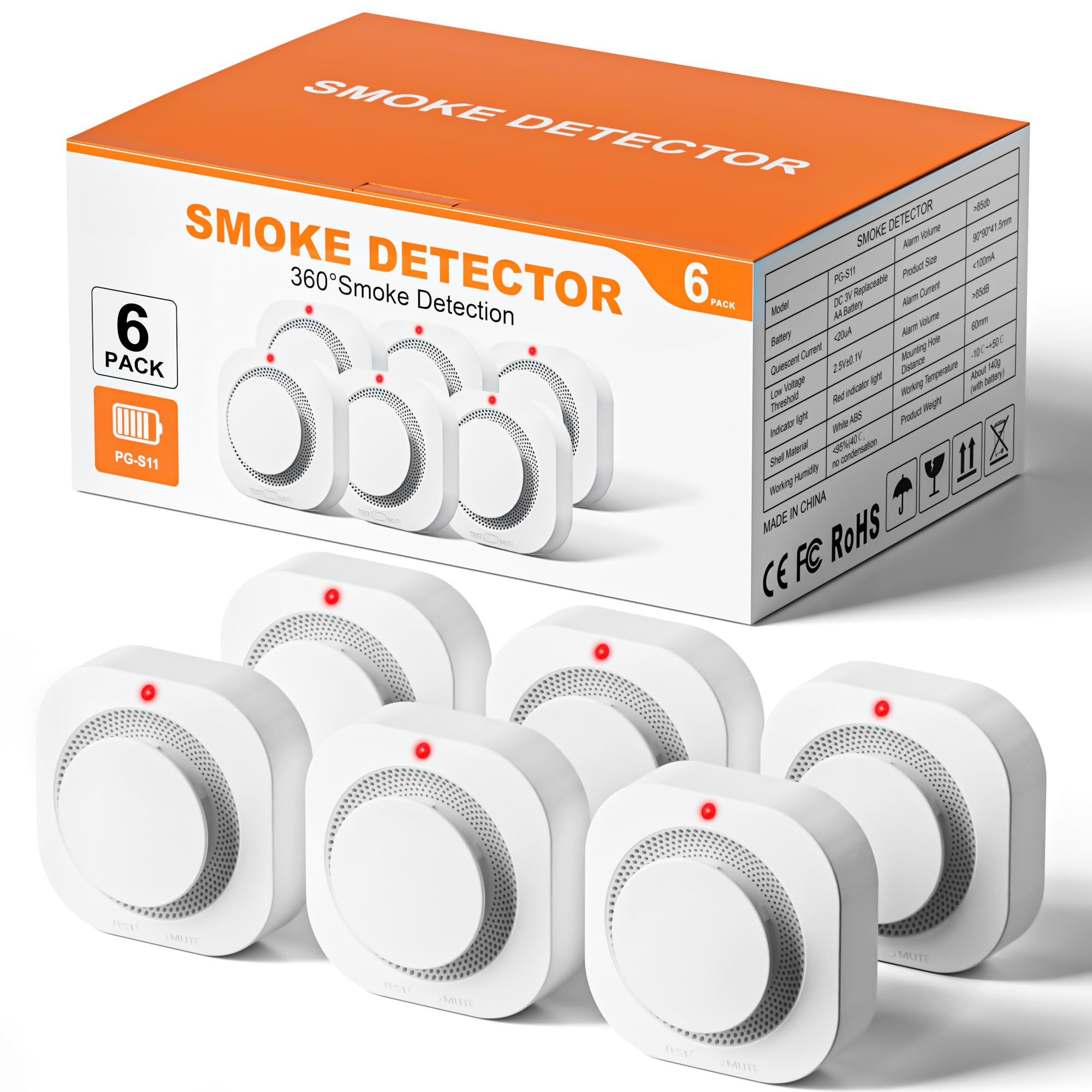 Photo 1 of Hilmon  Alarm Fire Detector,Battery Operated Photoelectric Smoke Detector with Test Button and Low Battery Warning, Fire Alarms Smoke Detectors for Home, 6 Pack
