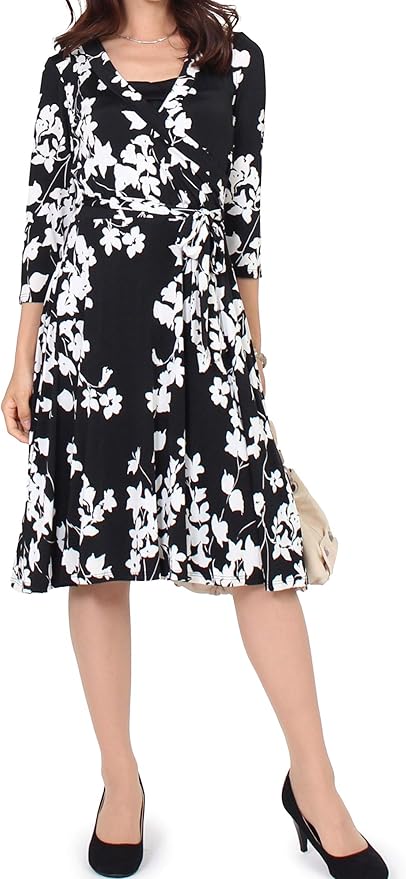 モードアラカルト ワンピース カシュクール ニット ジャージー Laワンピース 長袖 膝丈 インポート モノトーン 花柄 レディース ワンピース チュニック 通販 Amazon