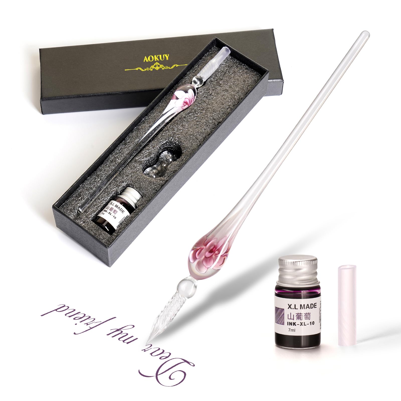 AOKUY Glass Dip Pen Set,Calligraphy Pen,Crystal Signature Pen for Art, Writing, Signatures -Decoration and Business Gift