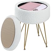 ABHENG Storage Ottoman Round Footrest Stool, Vanity Stool Chair Faux Teddy Fur with Storage, Modern Multifunctional Chairs, Cream White UASND51W